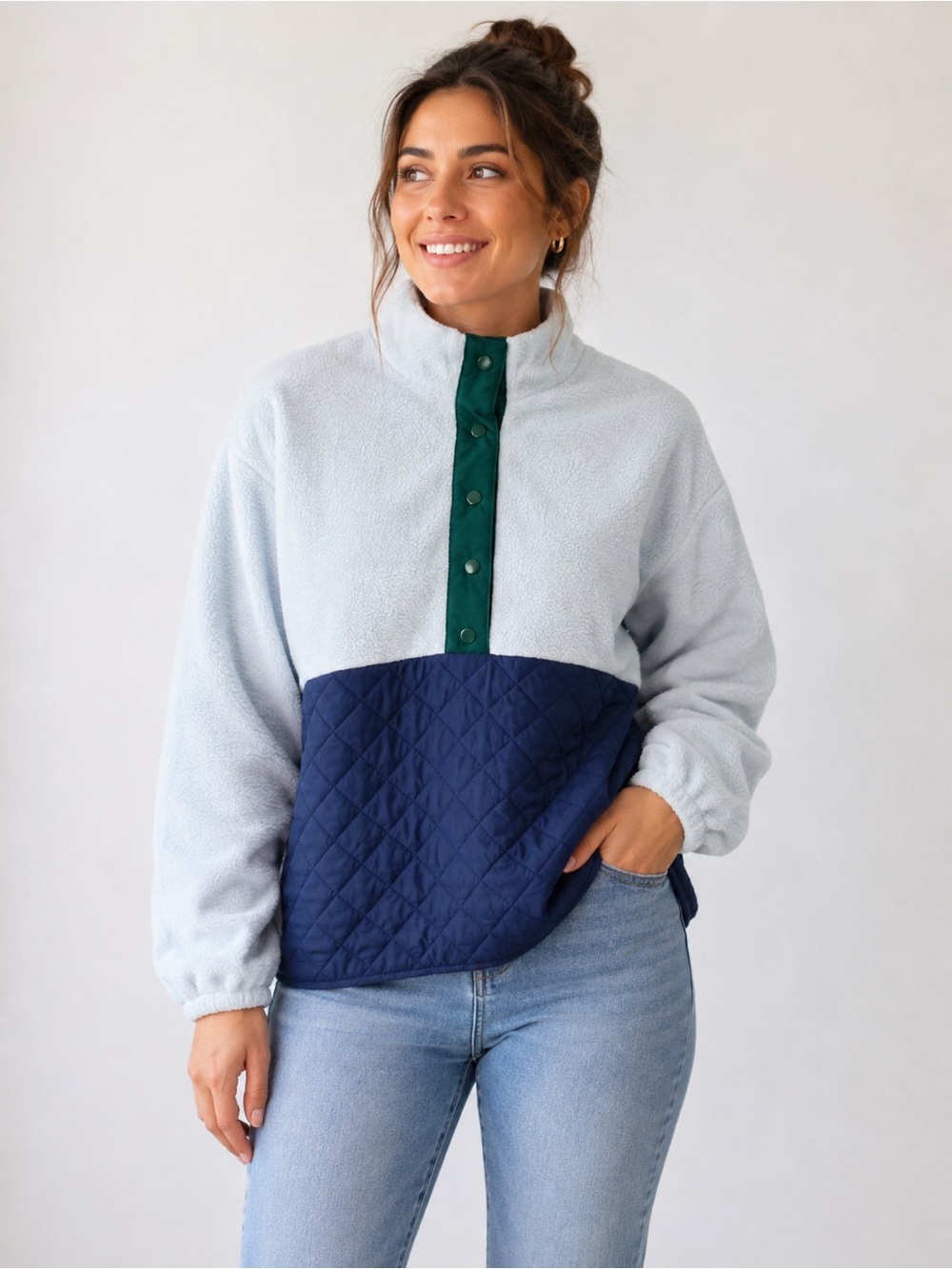 J.Crew Colorblock Sherpa Fleece Quilted Half-Snap‎ Pullover Blue Green Size M